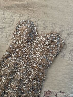 Jovani Embellished Strapless Rhinestone Mini Gown in Champagne